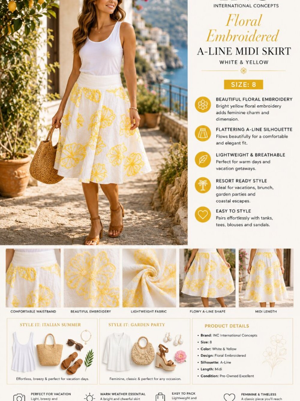 INC International Concepts Skirt 8 White Yellow Floral Embroidered Knee A Line